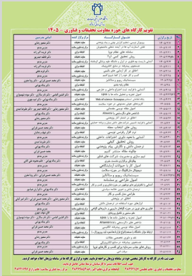 تقویم کارگاههای پژوهشی سال 1405 معاونت تحقیقات دانشگاه